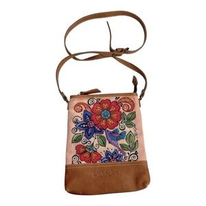 Mexican floral Print fabric and leather crossbody Pruse.